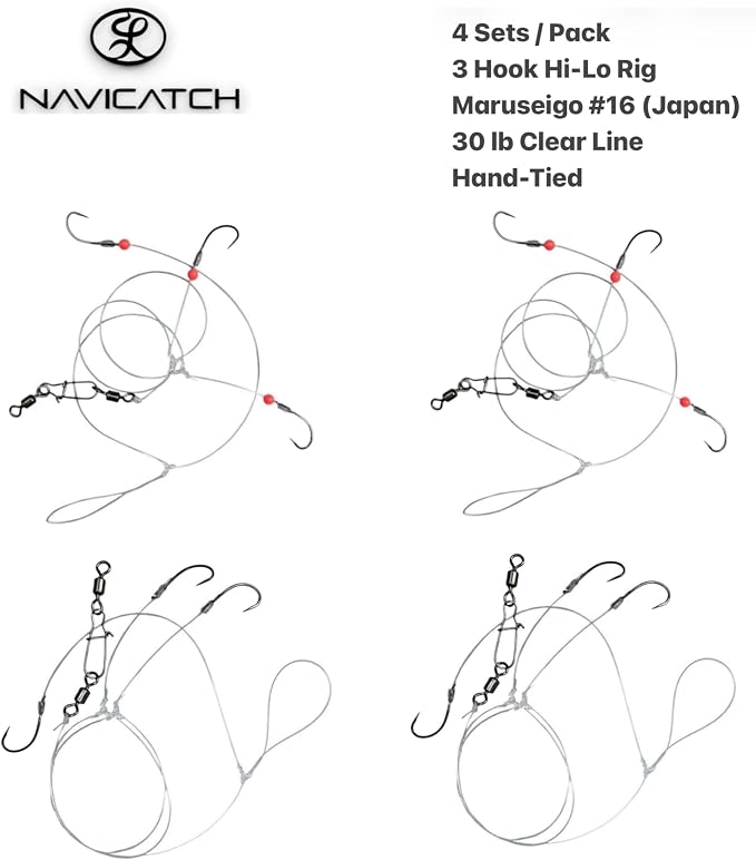 Catfish, Scup (Porgy) & Sea Bass Rig – 3-Hook Hi-Lo Bottom Fishing Kit – Hand-Tied Japanese Hooks with PE Line – Saltwater & Freshwater – USA-Designed