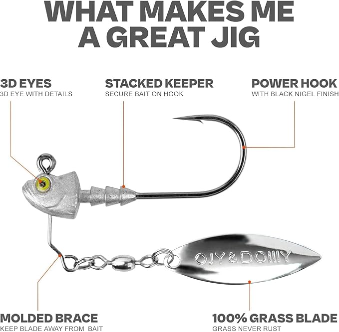 6-Pack Underspin Jig Heads with 100% Brass Blade (Never Rust) - 3/16oz, 1/4oz, 3/8oz, 1/2oz - Bass & Saltwater Fishing