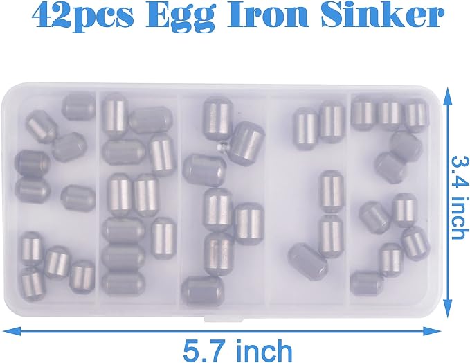 Fishing Weights Egg Sinkers Kit,42pcs Lead Free Fishing Weights Slip Sinkers for Fishing Lines Steel Barrel Weights for Freshwater Saltwater Bass Trout Walleye Fishing