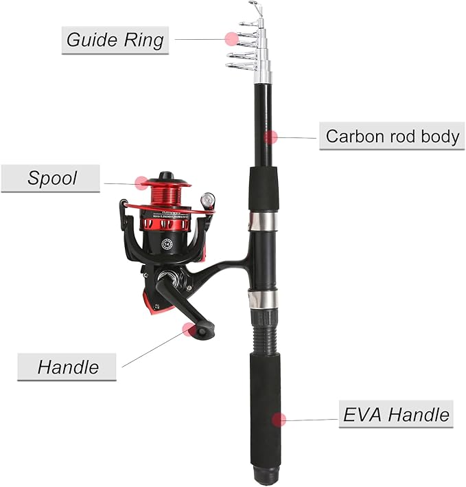 Tripquips Fishing Rod, 6.9ft 2Pcs Telescopic Fishing Rods Set, Carbon Fiber Fishing Pole, 2PCS Spinning Rod and Reel Combo with Carrier Bag Freshwater Fishing Rod and Reel Combos Kits Fishing Gear-Red