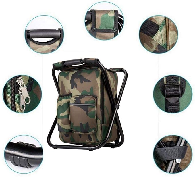 FCFKUK Bright starl Upgraded Large Size 3 in1 Multifunction Fishing Backpack Chair, Portable Hiking Camouflage Camping Stool, Folding Cooler Insulated Picnic Bag Backpack Stool