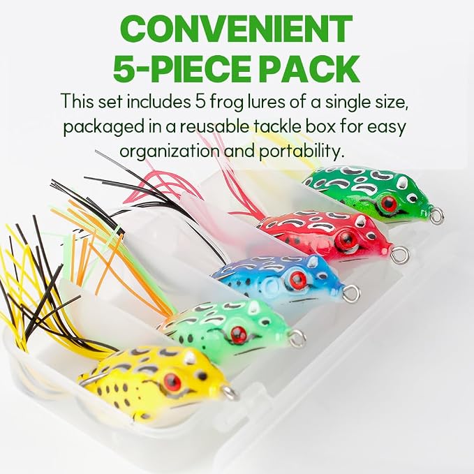 Topwater Frog Lures for Bass Fishing, 5 Pack Soft Hollow Body Weedless Frog Bait, Realistic Swimming Action, High Hookup, Crankbait for Freshwater Fishing, Includes Tackle Box