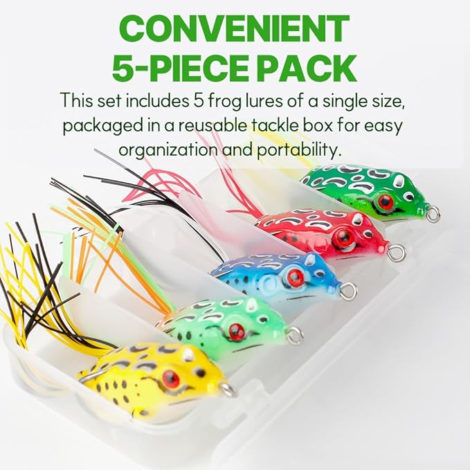 Topwater Frog Lures for Bass Fishing, 5 Pack Soft Hollow Body Weedless Frog Bait, Realistic Swimming Action, High Hookup, Crankbait for Freshwater Fishing, Includes Tackle Box