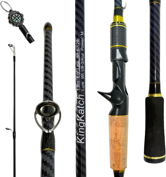 24-Ton Carbon & Fiberglass Spinning/Casting Rod, Lightweight 2-Piece Sensitive Fishing Rod with Ceramic Guides & Split-Grip Handle for Bass, Trout, Pike