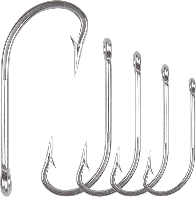 Saltwater Fishing J Hooks O'Shaughnessy Forged Extra Strong Stainless Steel Trolling Sea Bass Striper Snapper Fishing Hooks, Size 1/0-10/0
