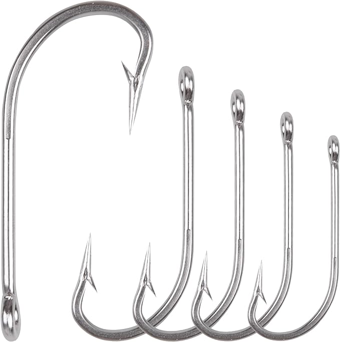 Saltwater Fishing J Hooks O'Shaughnessy Forged Extra Strong Stainless Steel Trolling Sea Bass Striper Snapper Fishing Hooks, Size 1/0-10/0