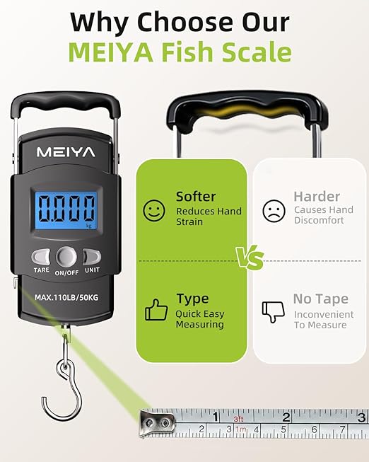 MEIYA Digital Fish Scale & Fishing Scale with Comfortable Handle - 110lb/50kg High-Accuracy Fishing Gear, Professional Fishing Gifts for Men, Comfort-Grip Hanging Scale for Large Fish, Luggage