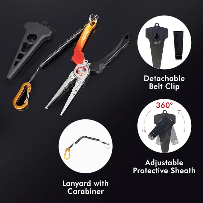 TRUSCEND Easy Use Lockable Fishing Pliers with Tungsten Carbide Cutter, Innovative Ergonomic Handy Handle, Saltwater Corrosion Resistant Teflon Coated Fishing Tool, Light Multi-Function Fishing Gear