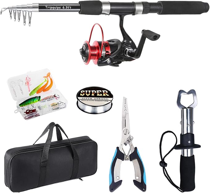Tripquips Fishing Rod, 6.9ft Telescopic Fishing Rod and Reel Combo with Fishing Pliers and Lip Gripper Fishing Equipment, 5.2:1 Pre-Loaded Spinning Reel Combo Set Fishing Pole