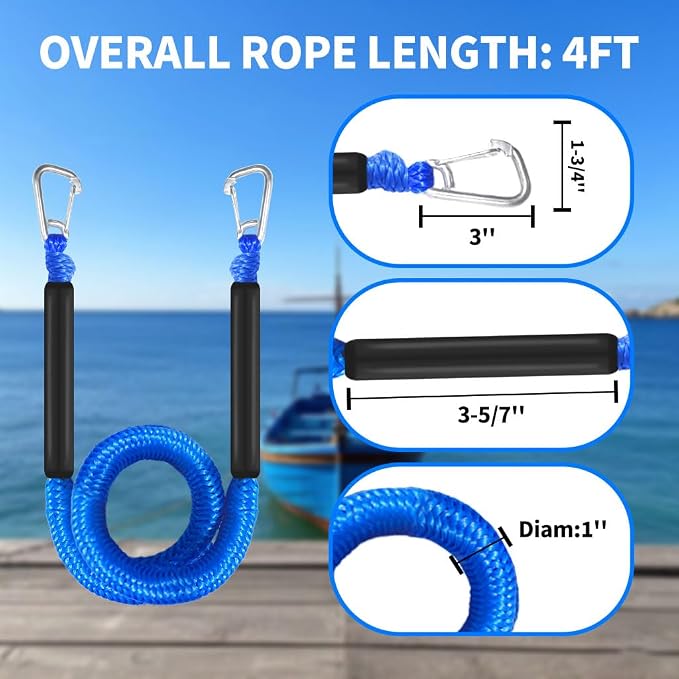 Bungee Boat Dock Line, Boat Rope with Double 316 Stainless Steel Clips Accessories for Bass Boat, Kayak, Pontoon, Watercraft, Waverunner, SeaDoo, Canoe,2Packs,4-6FT,Blue