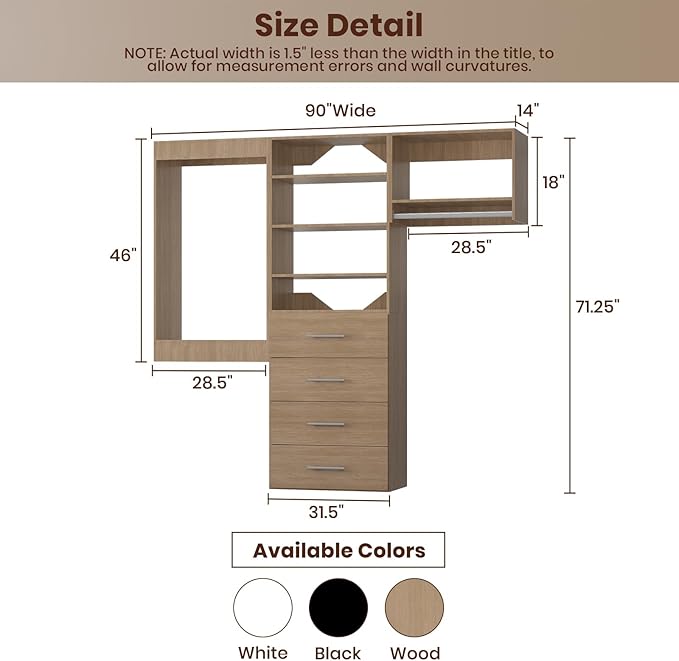 ROOMTEC Modular Closet System, 90" Wall Mounted Closet Organizer with Hanging Rods and Drawers, Modern Wooden Tower for Walk-In Closets, Wardrobe Storage Kit, Wood