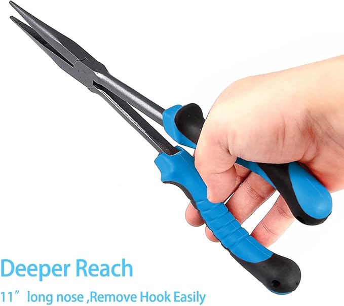 11" Long Nose Fishing Pliers, Straight & Bent Jaws, PTFE Coated Corrosion Resistant, Hook Remover & Braid Cutter Fishing Needle Nose Pliers, Saltwater Freshwater Gear for Bass Snook Trout