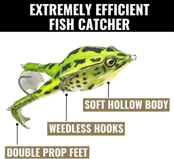LUNKERHUNT Topwater Fishing Lures Kit (3-Pack) for Bass, Trout | 1 Turtle Lure, 1 Frog Lure, 1 Sunfish Prop Lure | Freshwater Fishing Bait for Pike, Soft Hollow Body, Weedless Hooks