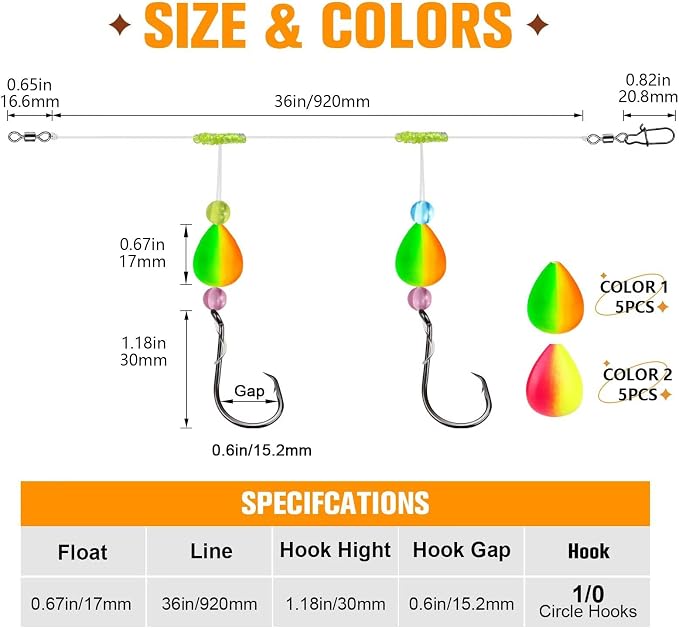 Dovesun 10PCS/4PCS Pompano Rigs for Surf Fishing Saltwater Fishing Rigs with Floats and Beads Unique Double-Line T-Knot Pre-Rigged Surf Fishing Gear & Tackle with Circle Hooks
