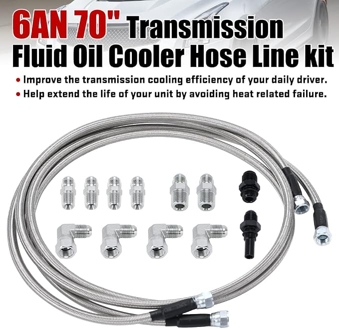 6AN 70" Transmission Fluid Oil Cooler Hose Line kit for GM Chevy Transmission 4L80E TH350 TH400 4L60E 700R4 200-4R TR6060 Ford AOD 4R100 4R70W and C5 Stainless Steel Braided PTFE Hose