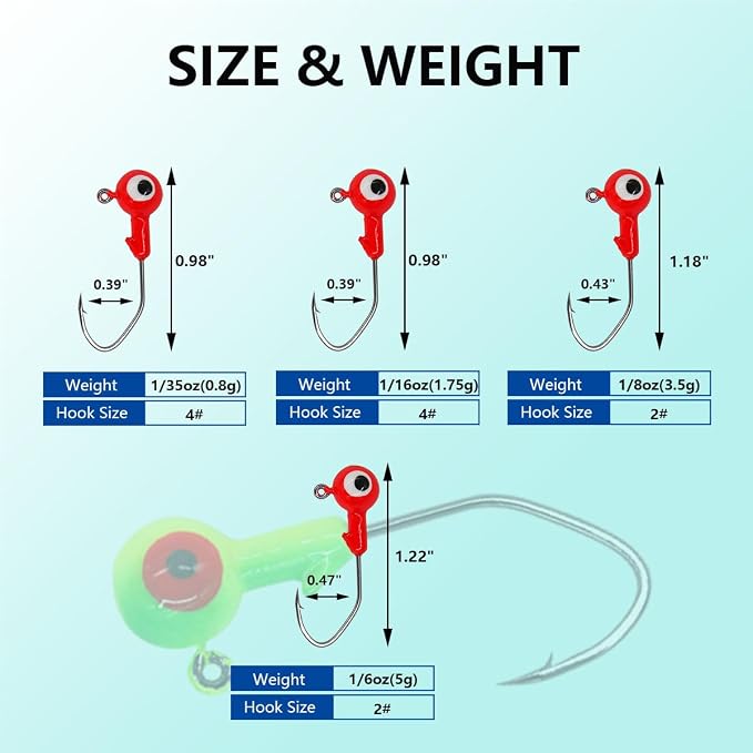50pcs Fishing Jig Head Hooks kit, Round Ball Fishing Jigs with 3D Eyes Carbon Steel Hooks for Soft Lures Bass Freshwater Saltwater 1/8oz 1/6oz 1/4oz 1/16oz 1/35oz