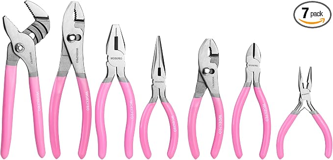 WORKPRO 7-piece Pliers Set with Groove Joint, Long Nose, Slip Joint, Linesman, and Diagonal Pliers for DIY & Home Use - Pink Ribbon