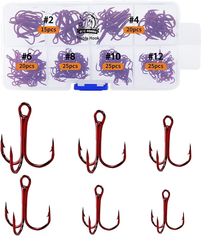 UCEC Fishing Hooks Treble Hooks Kit for Saltwater Freshwater, High Carbon Steel Strong Sharp Round Bend for Catfish Trout Hard Baits Lures, Size #1#2#4#6#8#10#12#14 110/50/210 Pack with Split Rings