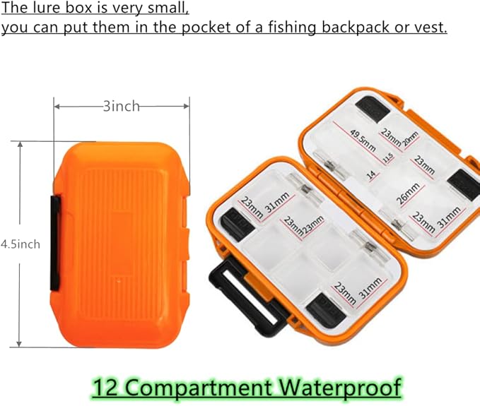 2x Small Hard Fishing Tackle Box Portable Case Hooks Lure Baits Storage Box Containers For Storing Swivels Jigs Hooks Sinker,12 Compartments (Orange (Waterproof))
