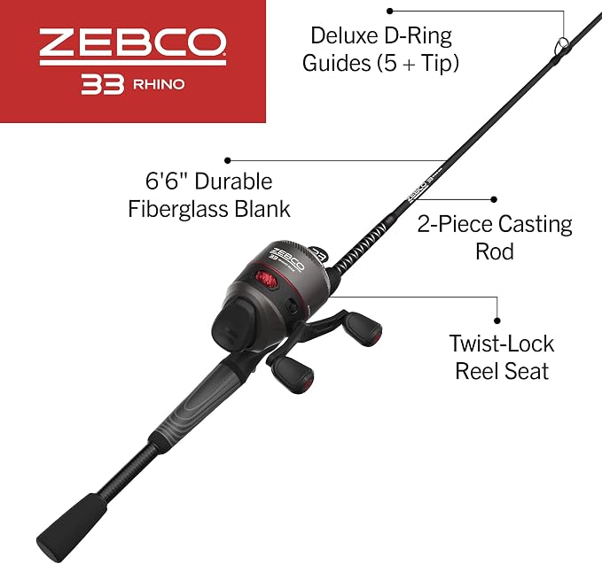 Zebco 33 Rhino Tough Spincast Reel and 2-Piece Fishing Rod Combo, Durable E-Glass Rod with ComfortGrip Handle, Quickset Anti-Reverse Fishing Reel with Bite Alert
