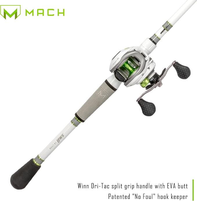 Lew's MACH 2 Spinning Reel and Fishing Rod Combo, IM8 Graphite Blank Fishing Rod, Right or Left-Hand Retrieve, Winn Dri-Tac Ultra Handle, Black/Green