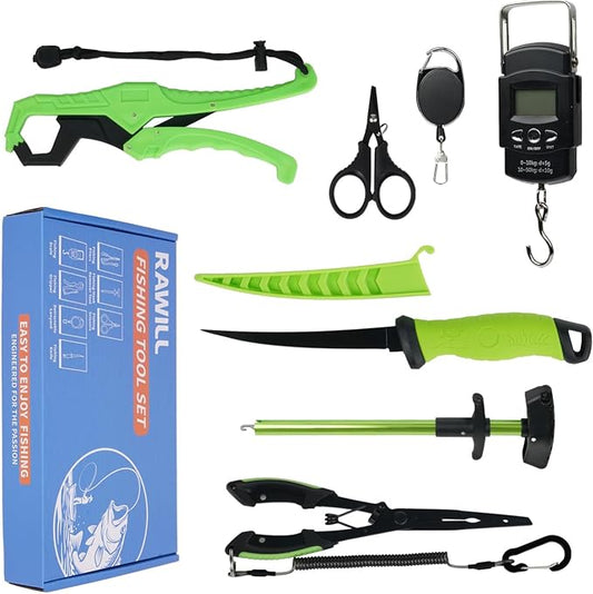 RAWILL Fishing Kit,Filleting Knife,Hook Remover,Fish Grip, Line Cutter,Fishing Scale, Pliers with Lanyards,Not Include Batteries