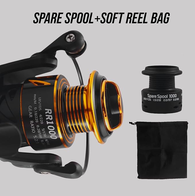 Rigged and Ready RR spin fixed-spool fishing reels 4 size options 1000, 3000, 5000, 6000. Freshwater saltwater smooth strong durable. Spare spool + bag. Spinning, Carp, Bass, Coarse, Sea & LRF angling
