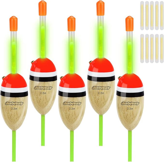 QualyQualy Lighted Fishing Slip Bobber 4-5Pcs Wood/EVA Fish Float + 8-10Pcs Glow Sticks, Night Fishing Light Up Slip Bobber for Crappie Bass Panfish Catfish Walleye