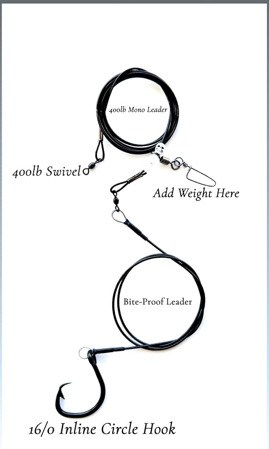 Night Stalker Pro Shark Rig, Heavy Duty 16/0 Inline Circle Hook, Black Vinyl Coated Wire Leader with Swivel, Fishing Leader Rigging