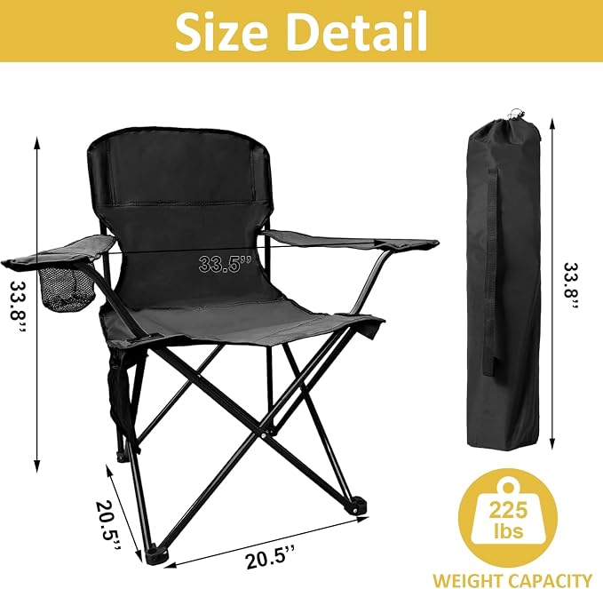 Folding Camping Chair with Cup Holder & Storage Bag, 225lbs Capacity, Large Anti-Sink Feet, Breathable PE Coated Fabric for Outdoor, Hiking, Beach, Fishing, Backpacking, 2PCS Black