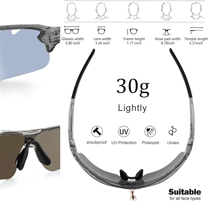 BangLong Polarized Cycling Sunglasses for Men Women, 26g Sports Sunglasses with 5 Lenses for Running Fishing Baseball Driving