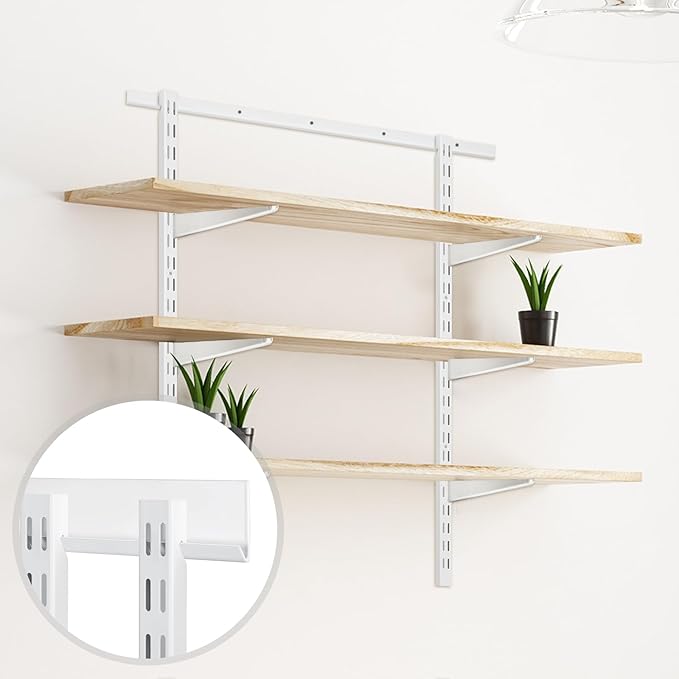 Blulu 2 Pcs 47.5 Inch Shelf Rails Bracket Dual-track Upright Wall Shelving System with 1 Pcs 40 Inch Rail Hardware White Heavy-duty Steel Wall Standard Shelf System for Home Laundry Pantry Closet