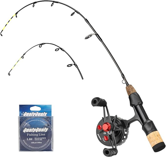 QualyQualy Ice Fishing Rod and Reel Combo 24 inch M/ML Inline Ice Fishing Combos 2 Different Tips for Walleye Perch Panfish and Trout
