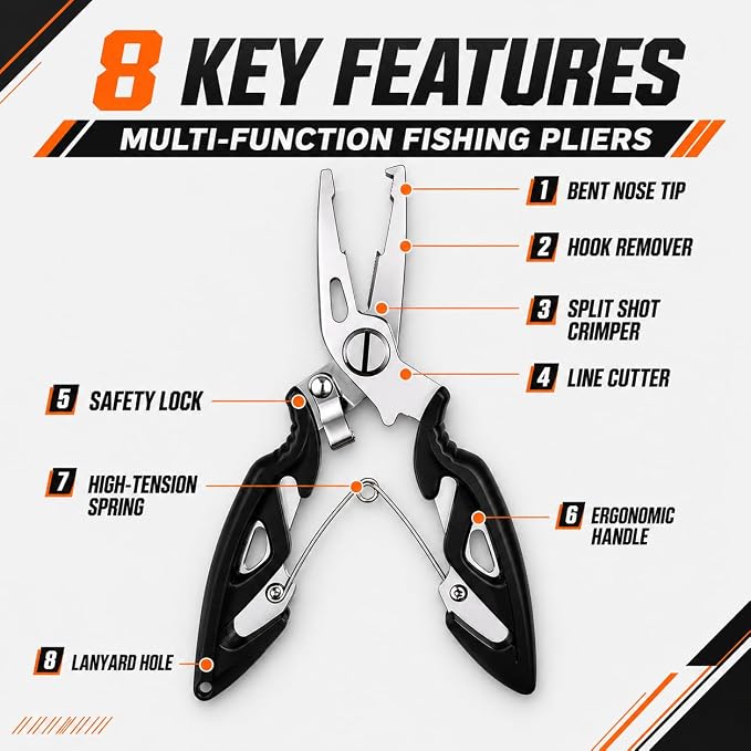 200PCS Fishing Split Rings Kit, Split Ring Pliers & 4.7'' Fish Lip Gripper, 5 Sizes Heavy Duty Stainless Steel Lure Hook Connectors, 30-120lb Tackle Assortment for Saltwater Freshwater Fishing