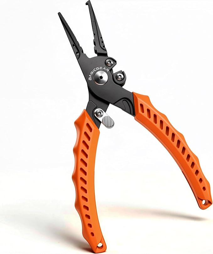 BasicGear Fishing Pliers, 17-4 PH Stainless Steel Saltwater Pliers, Braid Cutter, Split Ring Tool, Corrosion Resistant, One-Hand Operation (6.3" Compact (Light Fishing) - Orange)