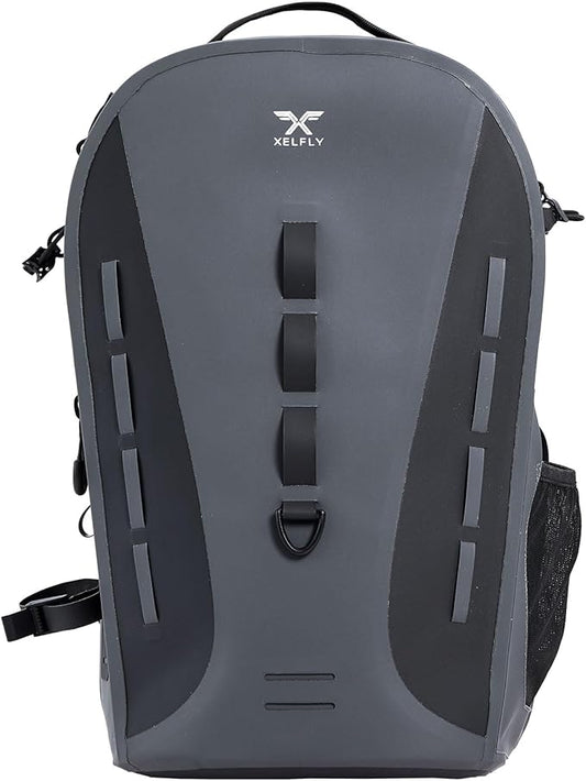 Xelfly Waterproof Fishing Backpack G2 with Rod Holder, Inflatable Air Valve, Padded Waist Straps & Gear Loops - Submersible Zipper, Rugged Top Handle, Adjustable Attachments (Gray)