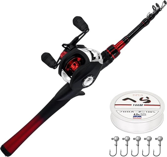 Kilitn Fishing Rod and Reel Combo, Baitcasting Combo Baitcast Reel 5 Foot Durable Fiberglass Telescopic Rod with Fishing Line Full Kits Comfortable Handle