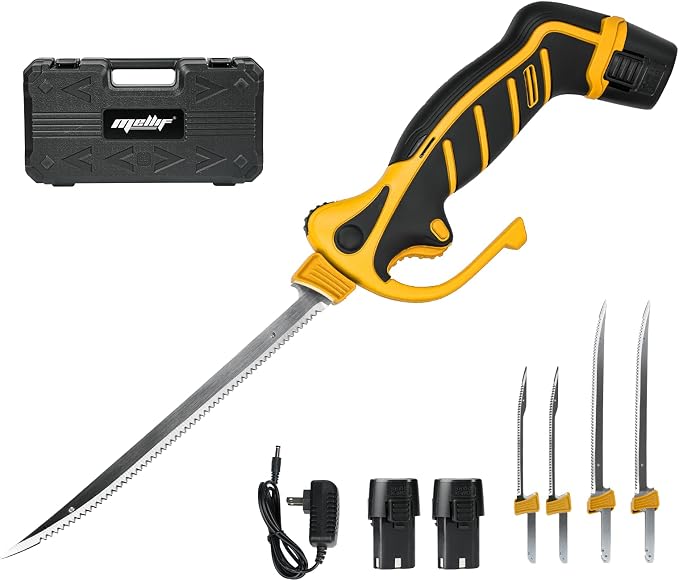 Mellif Electric Fillet Knife for Fish, 12V Cordless Fish Fillet Knife with 7" & 9.5" Sharp Blades, fillet knife for fish, Non-Slip Grip Handle, Safety Lock, 2 Rechargeable Batteries, Quick Charger & Carry Case for Fishing and Filleting