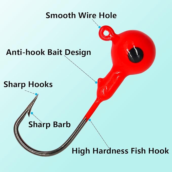 50pcs Fishing Jig Heads Set, Red Round Ball Fishing Hooks for Saltwater Freshwater Swimbait Bass, 1/8oz 1/6oz 1/4oz 1/19oz