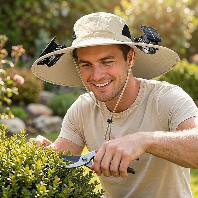 Men Sun Hat with 2 Solar Fan UPF 50+ Fishing Hats Wide Brim UV Protection Sun Hat, USB Charging