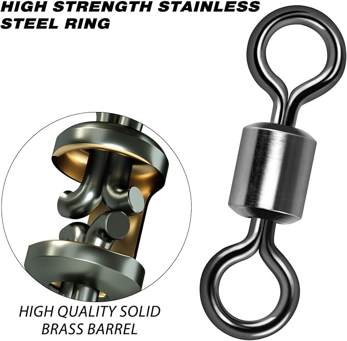 Alwonder Fishing Barrel Swivels, 40 to100-Pack Swivels Fishing Tackle Freshwater Saltwater Swivel Rolling Swivel Heavy Duty Stainless Steel Lures Leaders Line Connectors Terminal Tackle