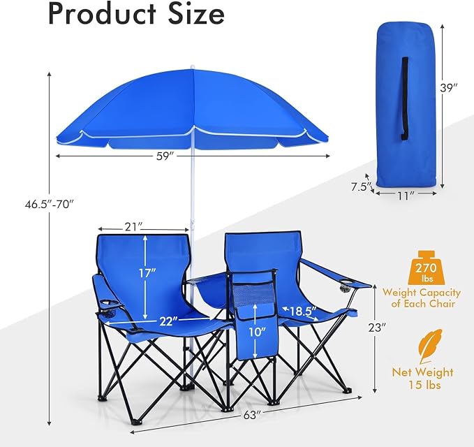 Tangkula Double Camping Chairs with Umbrella, Portable 2 Seat Folding Camp Chair with Cooler Bag, Beverage Holder, Carrying Bag, Foldable Lawn Chair for Outside, Fishing, Picnic, Beach