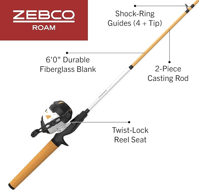 Zebco Roam Spincast Reel and Fishing Rod Combo, 6-Foot 2-Piece Fiberglass Fishing Pole with ComfortGrip Handle, Quickset Anti-Reverse Fishing Reel, Pre-Spooled with 10-Pound Zebco Line