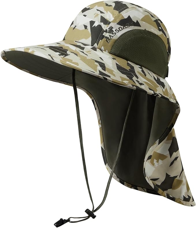 BASSDASH UPF 50+ Unisex Water Resistant Wide Brim Sun Hat with Large Neck Flap Ponytail Fishing Hat for Men Women