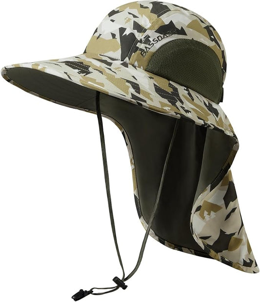 BASSDASH UPF 50+ Unisex Water Resistant Wide Brim Sun Hat with Large Neck Flap Ponytail Fishing Hat for Men Women