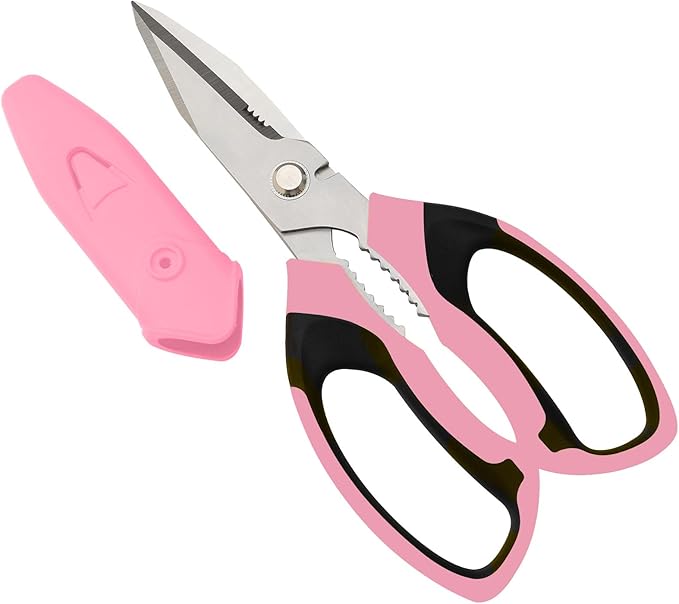 BoFuYuan 8-Inch Utility Scissors All Purpose Heavy Duty, Serrated Blade, Pink Comfort Grip for Cutting Carpet, Cardboard, Leather, Fabric, Multipurpose Sharp Shears for Kitchen, Garden, Office, Carft