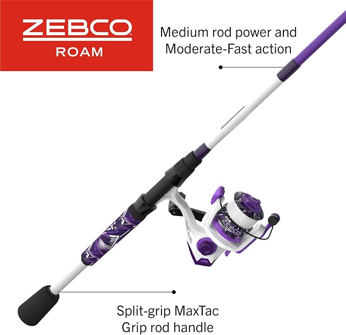 Zebco Roam Spinning Reel and Fishing Rod Combo, Fiberglass Rod, Split ComfortGrip Handle, Soft-Touch Handle Knob, Reversible Retrievee