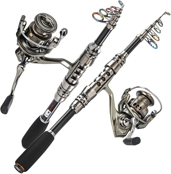Sougayilang Fishing Rod and Reel Combo – 5.9FT Telescopic Carbon Fiber Fishing Pole with 12+1 BB Spinning Reel, Saltwater Freshwater Kit