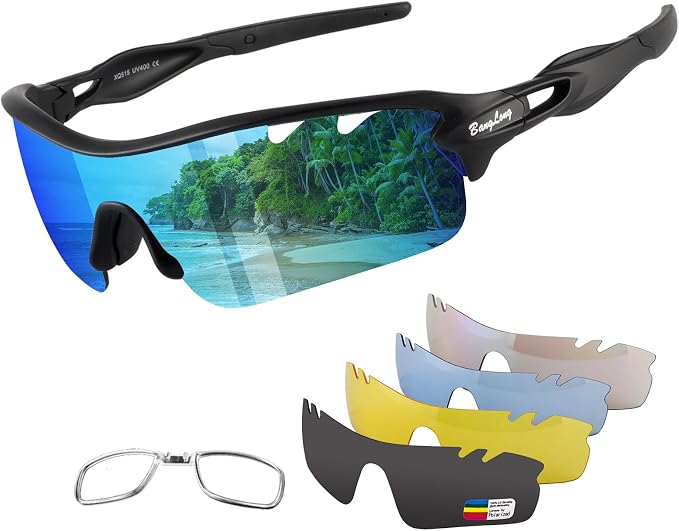 BangLong Polarized Cycling Sunglasses for Men Women, 26g Sports Sunglasses with 5 Lenses for Running Fishing Baseball Driving