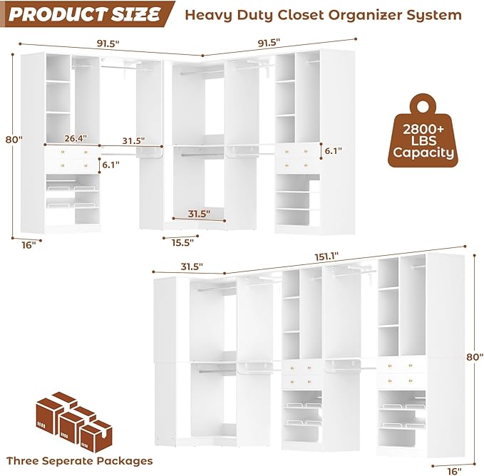 Large Closet System (Set of 3) with 4 Drawers, 8 Hanging Robs, 91.5"/151" Closet Organizer System with Corner Tower, Reversible Walk-in Closet System Corner Closet System, White